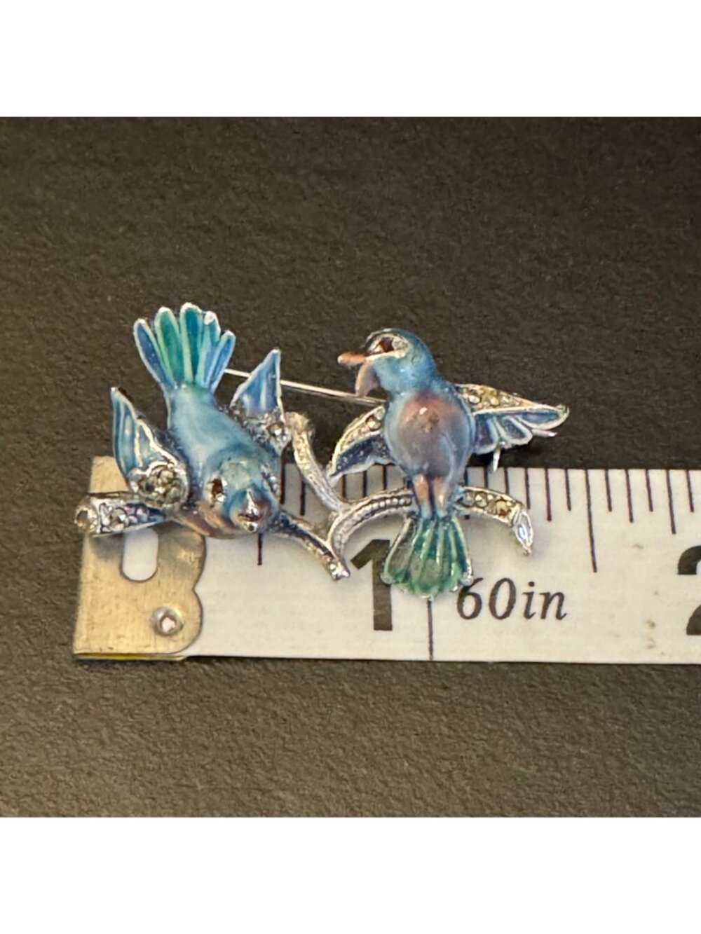 Vintage Enamel Bluebird Brooch With Rhinestone Accents On Silver Branch Design - Picture 7 of 8